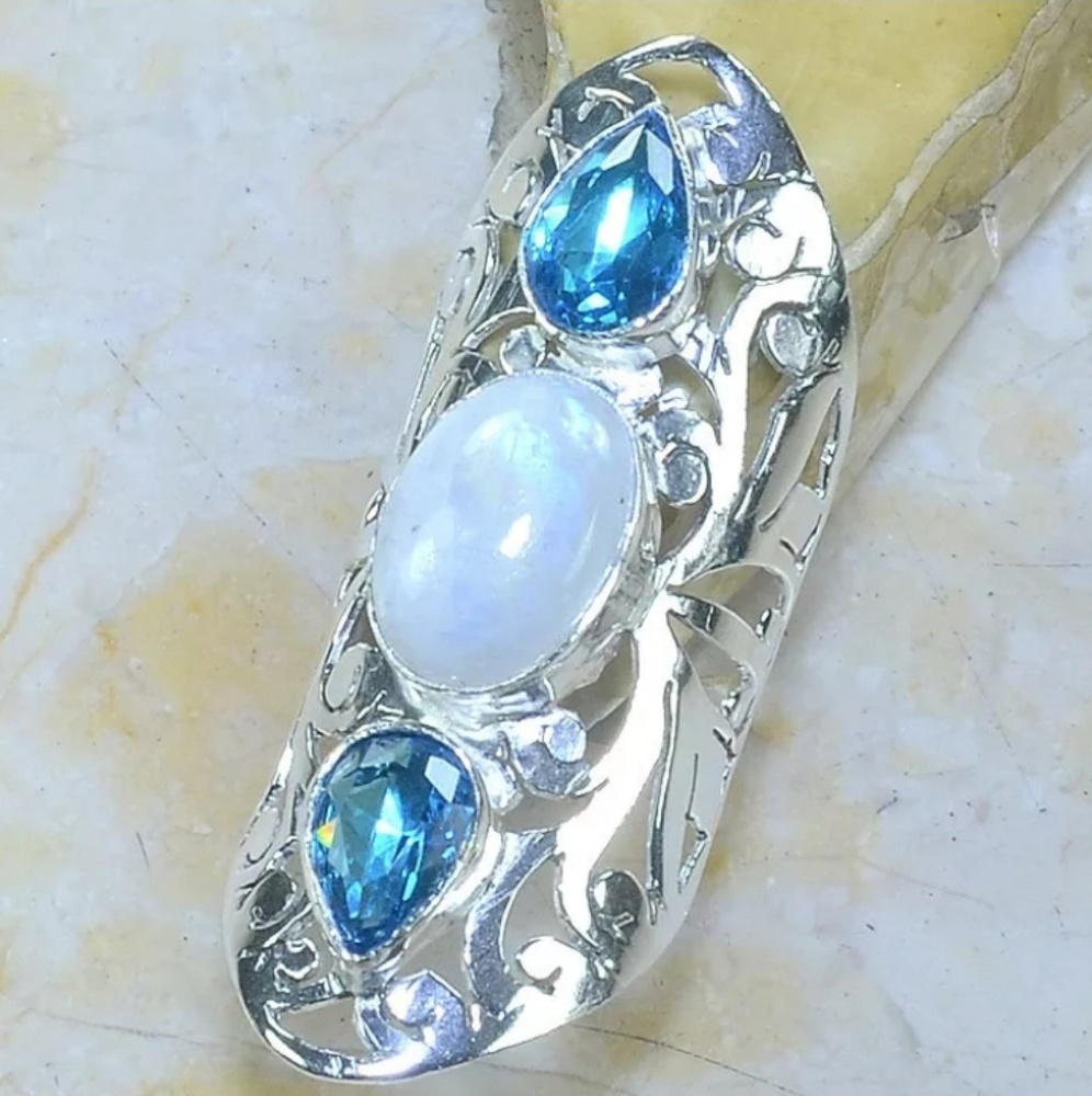 New Rainbow Moonstone & Blue Topaz Silver Statement Ring.